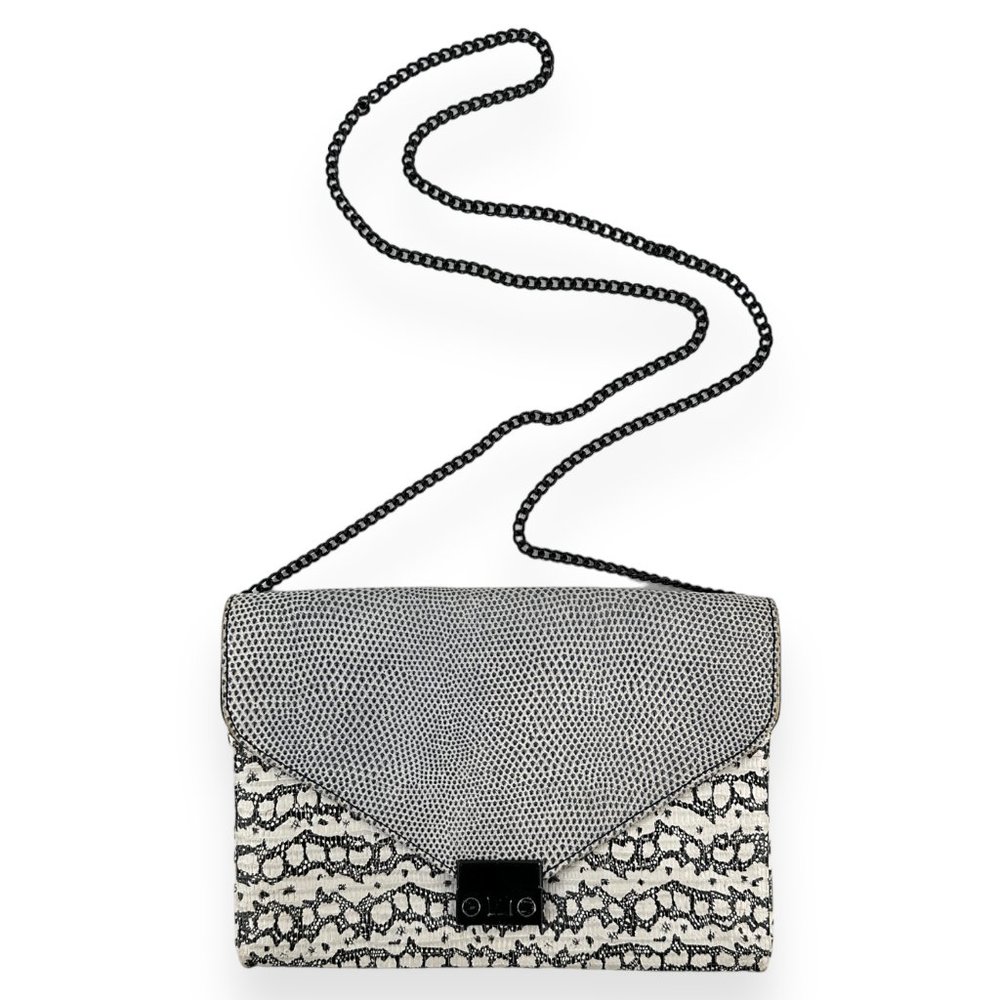 Loeffler Randall White & Black Snakeskin Leather Envelope Crossbody Bag
